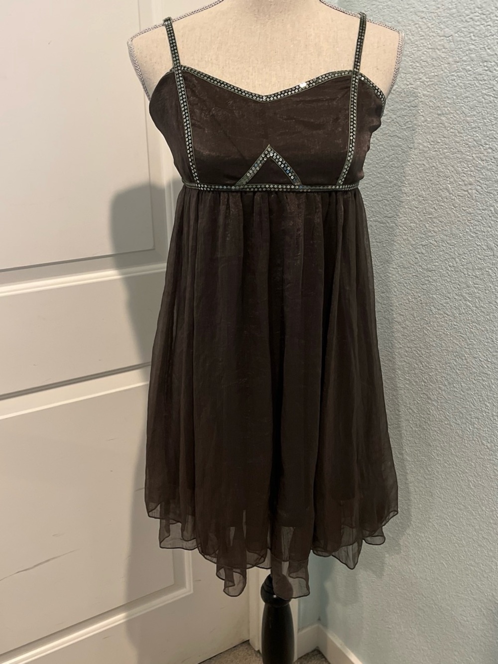 Daytrip Gray Brown Shimmery Chiffon Dress with Rhinestone Trim